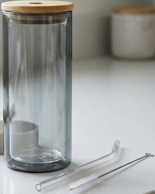 Fnvrp Double-Wall Borosilicate Tumbler with Lid and Straw 14 oz Clear Smoke - Lifestyle view